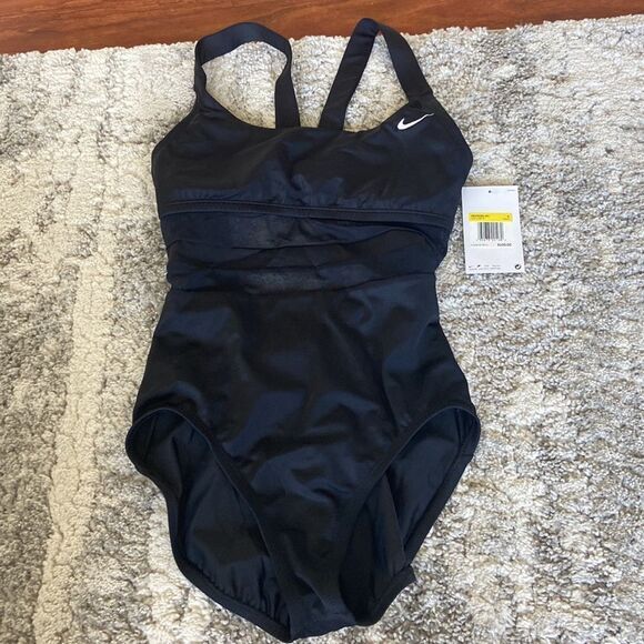 NWT Nike Women's V Back One Piece Swimsuit Mesh Black Sz S - Picture 5 of 9